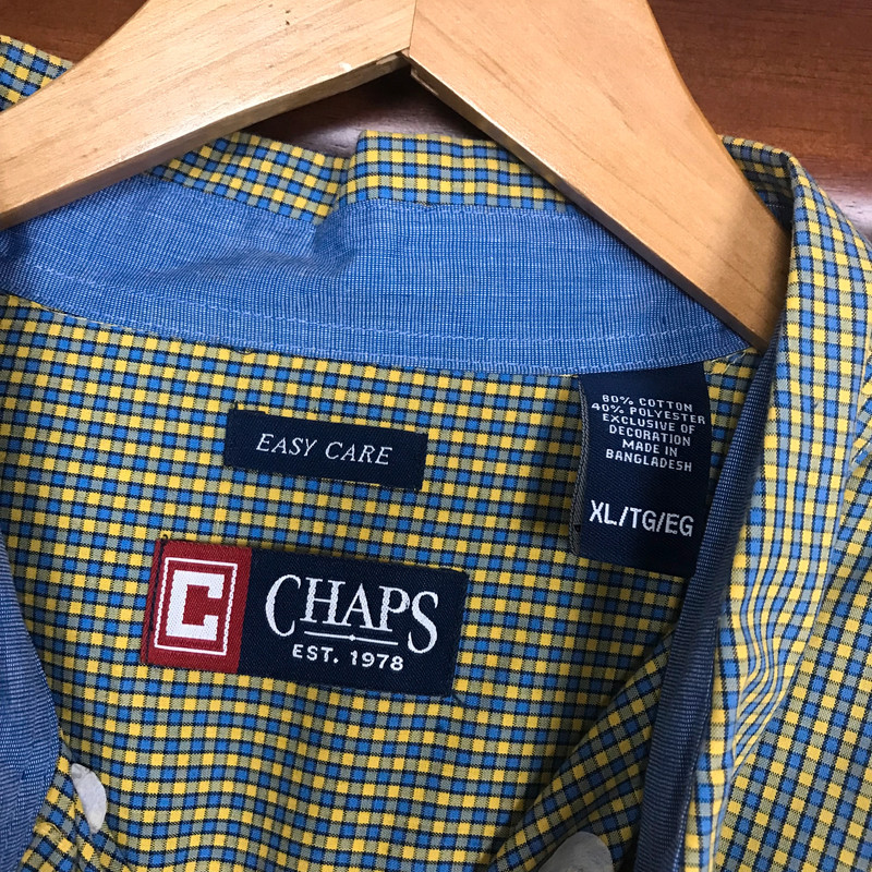 Chaps Easy Care Men Shirt Size XL Button Up Yellow Blue Plaid Long Sleeve 3