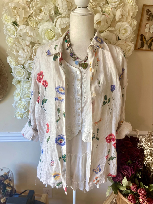 White floral linen button up shirt 3