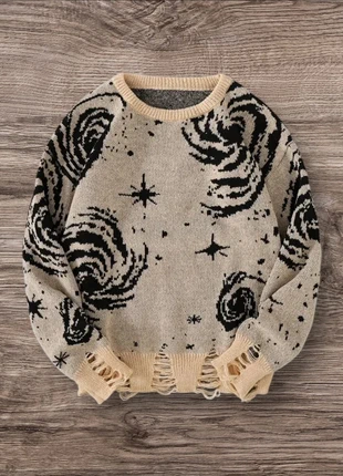 Pull Vintage Beige Noir Spirales Déchirures Taille M - Grunge 90s Y2K Knit Streetwear Retro Oversize, merk: y2k, staat: Heel goed, maat: M, € 57,99, € 61,59 inclusief Kopersbescherming Pro