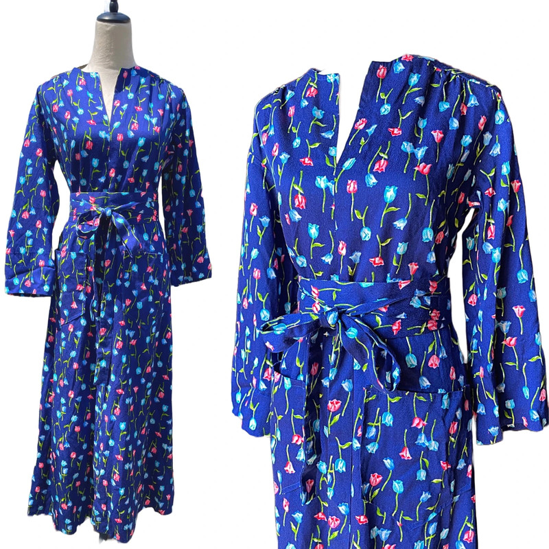 Vintage 60s 70s Hawaiian Print Barkcloth Kimono Tie Waist  Dress 4