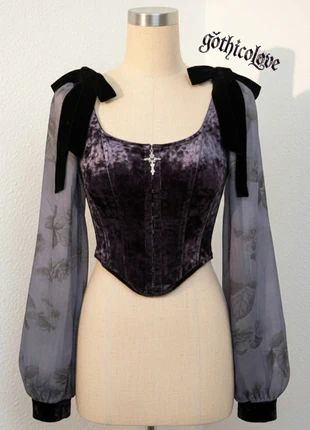 Haut corset gothique en velours violet avec manches bouffantes en tulle, marke: noctyra, zustand: Sehr gut, größe: M / 38 / 10, 42,90 €, 45,75 € inklusive Vinted-Käuferschutz