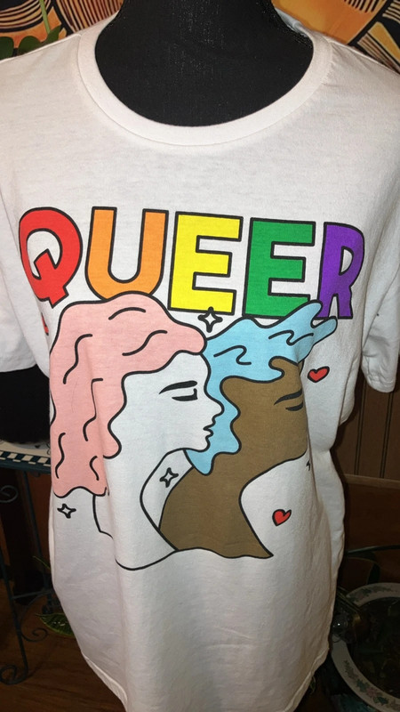 Queer large white womens graphic tee shirt 2