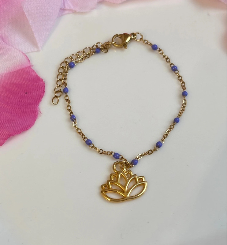Réservé Bracelet boules mauves pendentif fleur de lotus en acier inoxydable doré