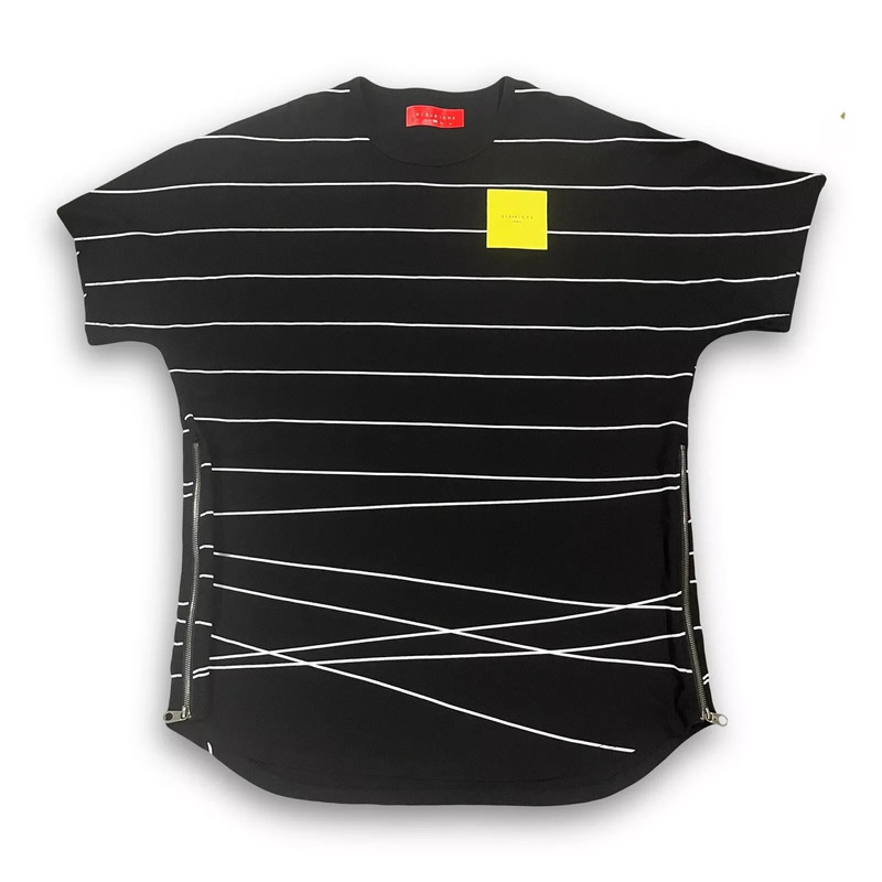 Vie+Riche Paris Men’s T-Shirt 3XL Black, White Stripes, Yellow Box, Side Zippers 1