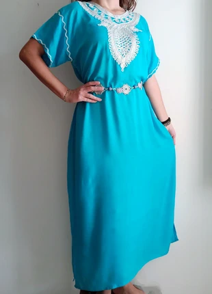 💠 Real ethnic light blue kaftan with shiny embroideries, fairy hippie bohemien moroccan - one size, marque: Ethnic, état: Neuf sans étiquette, taille: XL / 42 / 14, 17,99 €, 19,59 € Protection acheteurs incluse