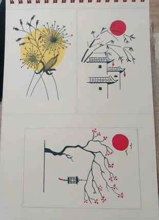 Tríptico decorativo minimalista oriental – Ilustraciones originales en rojo, negro y amarillo, marque: Hecho a Mano, état: Neuf sans étiquette, 40,00 €, 42,70 € Protection acheteurs incluse