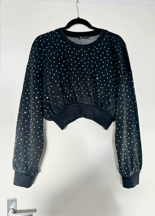 ZARA cropped pof sweater • trui • donker grijs met glitter dots • maat s, merk: Zara, staat: Heel goed, maat: S / 36 / 8, € 8,50, € 9,63 inclusief Kopersbescherming