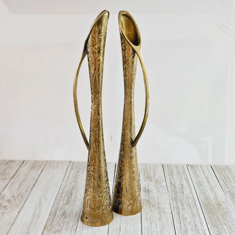 Set of 2 Tall Thin 12.5" Brass Floral Engraved Etched Pitcher Jugs Decor with Handles 1