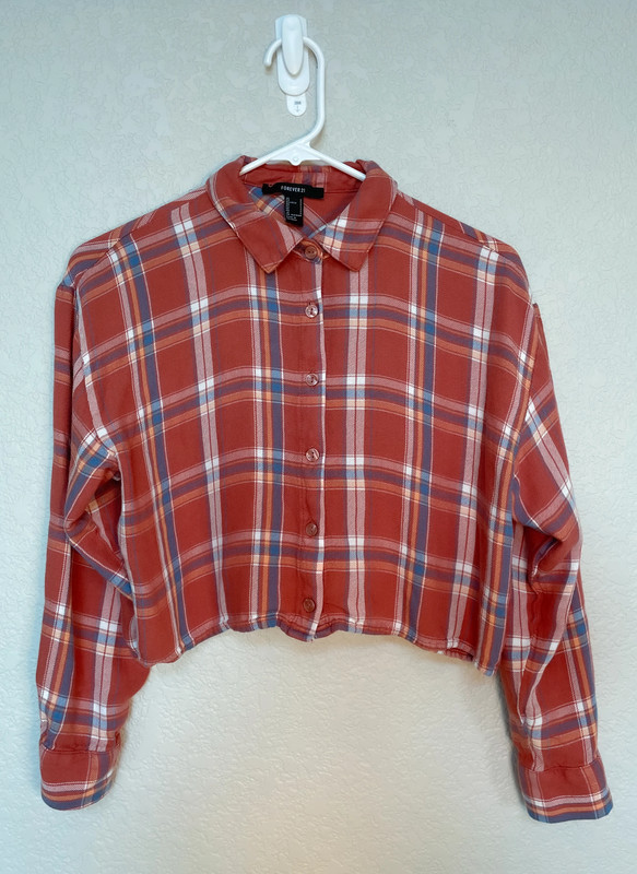 Forever 21 Crop Top Orange Plaid Long Sleeve Womens Size Small 1