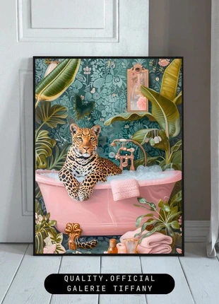 Affiche – Léopard design dans une baignoire rose, merk: Fait Main, staat: Heel goed, € 10,00, € 11,20 inclusief Kopersbescherming Pro