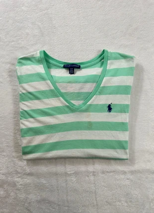 T-shirt manches courtes col V à rayures Ralph Lauren - Taille M Femme - Blanc Vert menthe, brand: Ralph Lauren, condition: Good, size: M / 38 / 10, €6.00, €7.00 includes Buyer Protection
