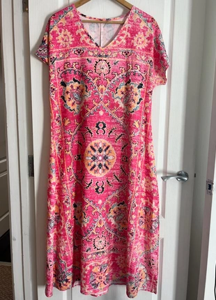 Boho pink printed maxi dress size large relaxed summer style, condition: Very good, size: L / UK 16-18, £6.99, £8.04 includes Buyer Protection