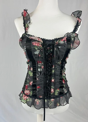 Top corset noir fleuri style victorien Y2K – dentelle, rubans & laçage, marca: Vintage Dressing, estado: Muito bom, tamanho: S / 36 / 8, €12.00, €13.30 inclui Proteção do Comprador