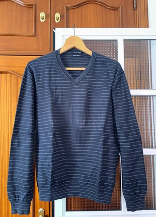 Jersey de rayas, azul marino, de hombre con cuello de pico de Massimo Dutti, marca: Massimo Dutti, estado: Muy bueno, tamaño: L, 5,00 €, 5,95 € Protección al comprador incluida