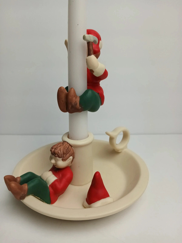 PartyLite 1990s Christmas Elves Saucerlite Bisque Porcelain Candle Stick Holder 3