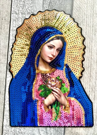 Grand patch écusson thermocollant Sainte Vierge à sequins pour customiser vêtements, état: Très bon état, 5,69 €, 6,67 € Protection acheteurs (Pro) incluse