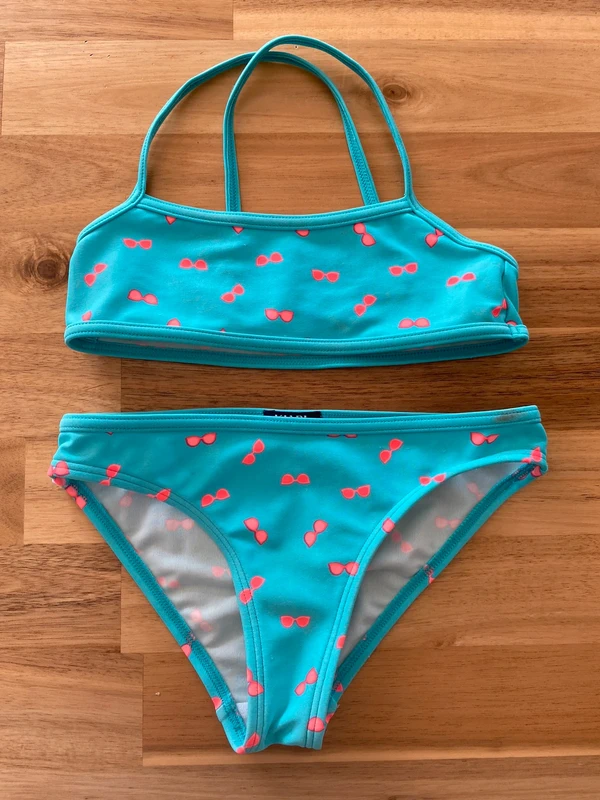 Maillot de bain 2 pièces bleu imprimé lunette rose