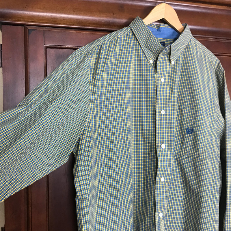 Chaps Easy Care Men Shirt Size XL Button Up Yellow Blue Plaid Long Sleeve 2