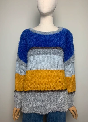 Pull long tout doux rayé bleu, gris, moutarde Afibel #pulls #afibel, merk: Afibel, staat: Heel goed, maat: L / 40 / 12, € 12,00, € 13,30 inclusief Kopersbescherming Pro