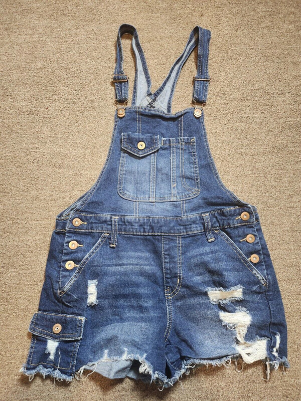 No Boundaries Overalls Shortalls Womens Juniors Medium 7-9 Denim Jean Distressed 1