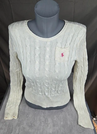 Ralph Lauren – Pull torsadé blanc col rond avec poche & logo rose – Taille XS/S – 100% Coton, marque: Ralph Lauren, état: Très bon état, taille: XS / 34 / 6, 29,00 €, 31,15 € Protection acheteurs incluse