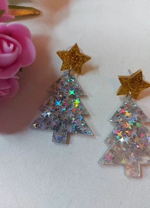 Boucles d'oreilles pendantes sapins de noël pailletés argentés holographiques, marque: maison des créatrices, état: Très bon état, 7,90 €, 9,00 € Protection acheteurs incluse