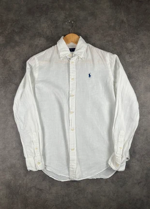 Chemise en lin Ralph Lauren blanche logo brodé bleu marine XS, merk: Ralph Lauren, staat: Heel goed, maat: XS, € 49,00, € 52,15 inclusief Kopersbescherming Pro