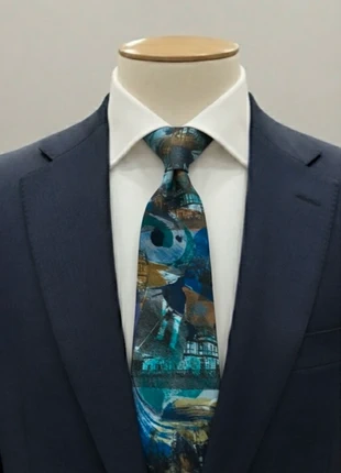 Cravate vintage Peterson Paris – Motif artistique bleu et vert – Polyester, brand: Peterson Paris, condition: Very good, €5.99, €6.99 includes Buyer Protection