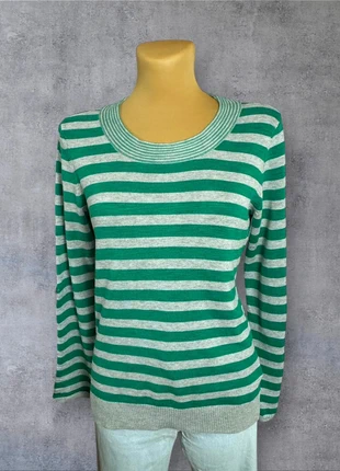 Pull col rond à rayures vert gris Tommy Hilfiger bouton sur manches logo brodé | Taille M | pf143, merk: Tommy Hilfiger, staat: Heel goed, maat: M / 38 / 10, € 11,95, € 13,25 inclusief Kopersbescherming Pro