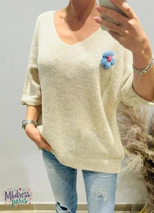 Beau pull beige femme manches 3/4 fleur bleu crochet T38/42, brand: Made In Italy, condition: New without tags, size: L / 40 / 12, €31.00, €33.25 includes Buyer Protection Pro