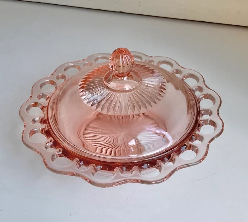 Vintage Pink Depression Glass Open Lace Lidded Dish by Anchor Hocking 7.5 inch 2