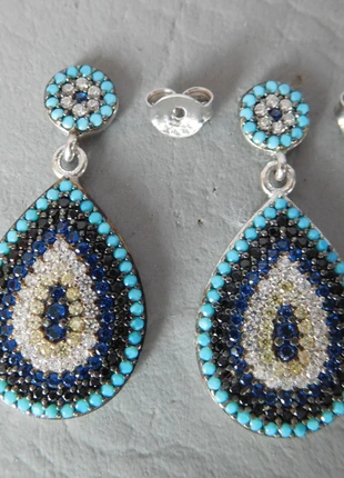 Boucle d'oreille pendentif goutte pierre bleu turquoise nazar oeil mauvais regard gris argent massif, merk: argent massif 925, staat: Nieuw zonder prijskaartje, € 42,00, € 44,80 inclusief Kopersbescherming Pro
