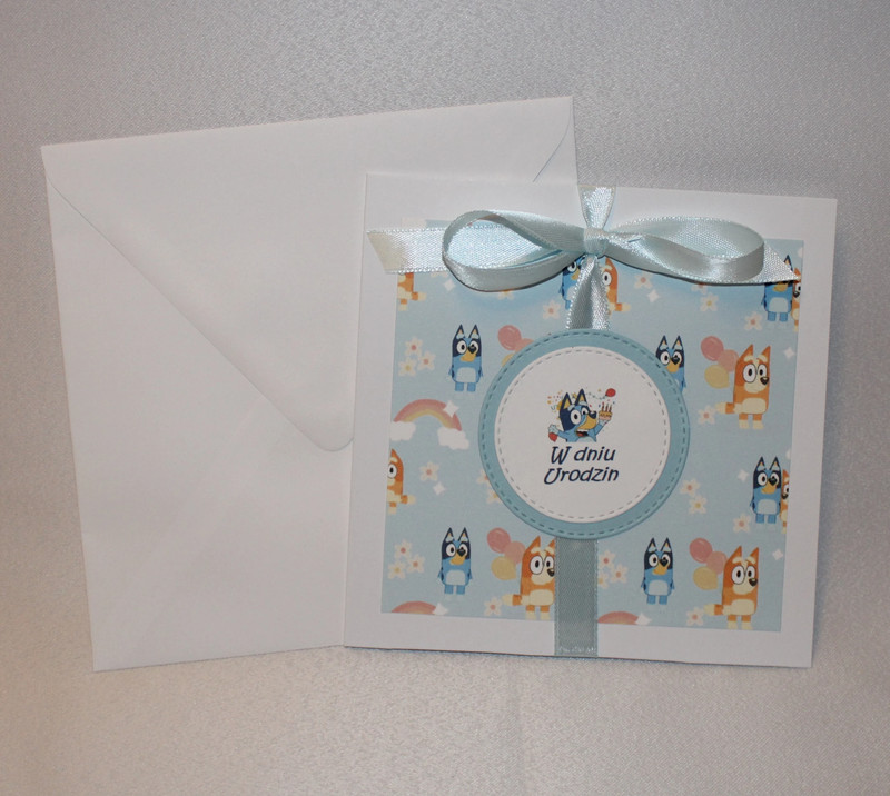 Kartka na urodziny dla dzieci Bluey Blu i Bingo piesek niebieska