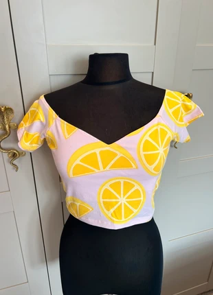 ASOS pink crop Bardot top with cap sleeves and lemon print detail size 12, brand: ASOS, condition: Good, size: M / UK 12-14, £8.00, £9.10 includes Buyer Protection