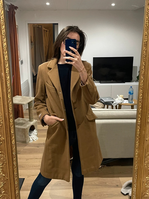 Manteau mi long oversize coupe blazer cachemire et laine camel marron 2