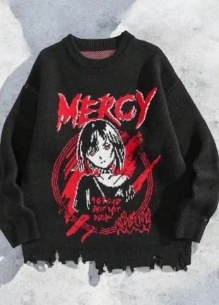 Pull oversize style US noir effet destroy motif animé “Mercy”, marque: Vintage Dressing, état: Très bon état, taille: M, 54,90 €, 58,35 € Protection acheteurs incluse