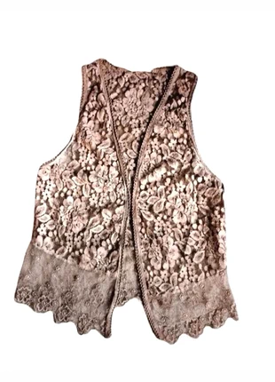 Top dentelle vintage marron beige transparent gilet ouvert sans manches bohème rétro, merk: Vintage Dressing, staat: Heel goed, maat: XS / 34 / 6, € 10,90, € 12,15 inclusief Kopersbescherming
