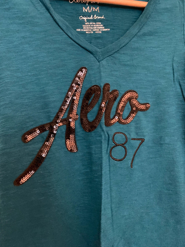 Aeropostale Glitter Sequin Aero V Neck Cotton T Shirt, Deep Aqua Blue, Size M 4