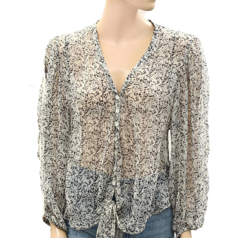 Love Sam Floral Printed Sheer Blouse Shirt Top Long Sleeve Lace Ivory S 269051 3