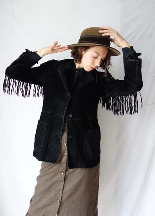 Veste à franges velours noir effet croûte de cuir vintage T.40, merk: Vintage Dressing, staat: Goed, maat: L / 40 / 12, € 29,00, € 31,15 inclusief Kopersbescherming Pro