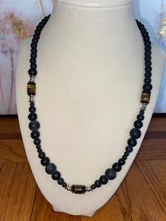 Handmade Matte Black Beaded Necklace with Tigers Eye Accents 4