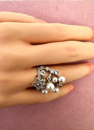 Bague argentée perles blanches et étoiles strass – style céleste chic, marca: Vintage Boutique, estado: Muy bueno, tamaño: Ajustable, 23,00 €, 24,85 € Protección al comprador Pro incluida
