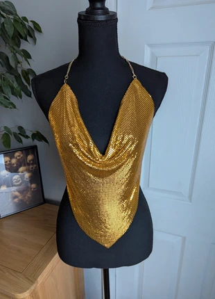 Gold Chainmail Halter Top Metal Mesh Party Festival Cowl Neck Top, brand: List without brand, condition: New without tags, size: L / 12, £9.99, £11.19 includes Buyer Protection Pro