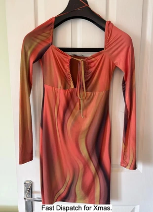 Bershka Retro Print Dress Tie Detail Orange Stretch (Large), brand: Bershka, condition: Very good, size: L / UK 16-18, £8.90, £10.05 includes Buyer Protection