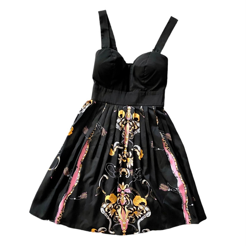 A-line Black Floral Short Dress XS Mini Straps Prom Wedding Party Girly Glam 50s 2
