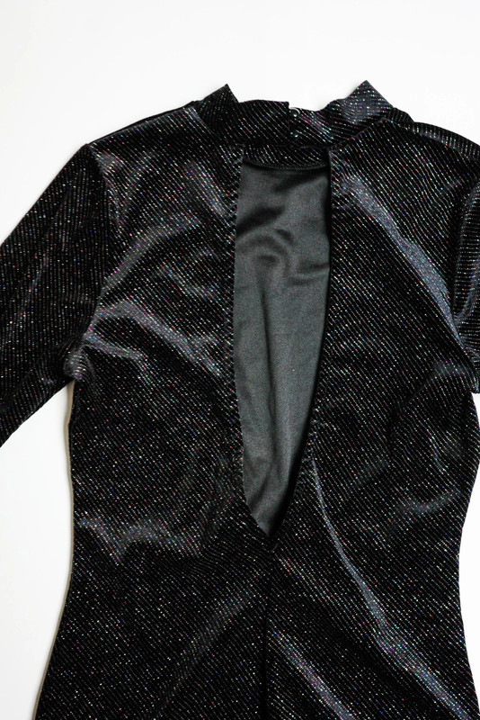 Inspired Hearts Glitter Black Mini Dress - High Neck, Elegant Exposed Back - Size M 2