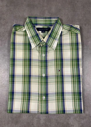 Chemise Tommy Hilfiger à carreaux manche courte Brodé avec Poche Blanc/Vert Taille M, merk: Tommy Hilfiger, staat: Heel goed, maat: M, € 20,00, € 21,70 inclusief Kopersbescherming