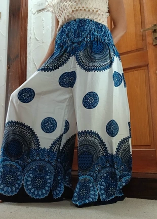 White with blue bohemian floral prints Palazzo hippie Harem pants Boho soft fabric trousers one size, brand: ellu, condition: New without tags, size: XL / 14, £16.00, £17.50 includes Buyer Protection Pro