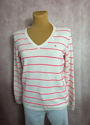 Pull col en v Tommy hilfiger blanc a rayures rose logo brodé sur poitrine | Taille M | pf58, merk: Tommy Hilfiger, staat: Heel goed, maat: M / 38 / 10, € 9,95, € 11,15 inclusief Kopersbescherming Pro