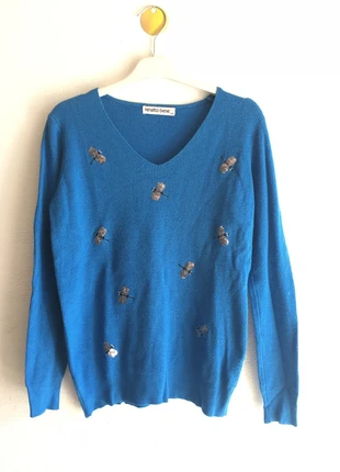 Pull léger bleu avec libellules en paillettes, marca: Renatto Bene, estado: Muito bom, tamanho: M / 38 / 10, €6.00, €7.00 inclui Proteção do Comprador